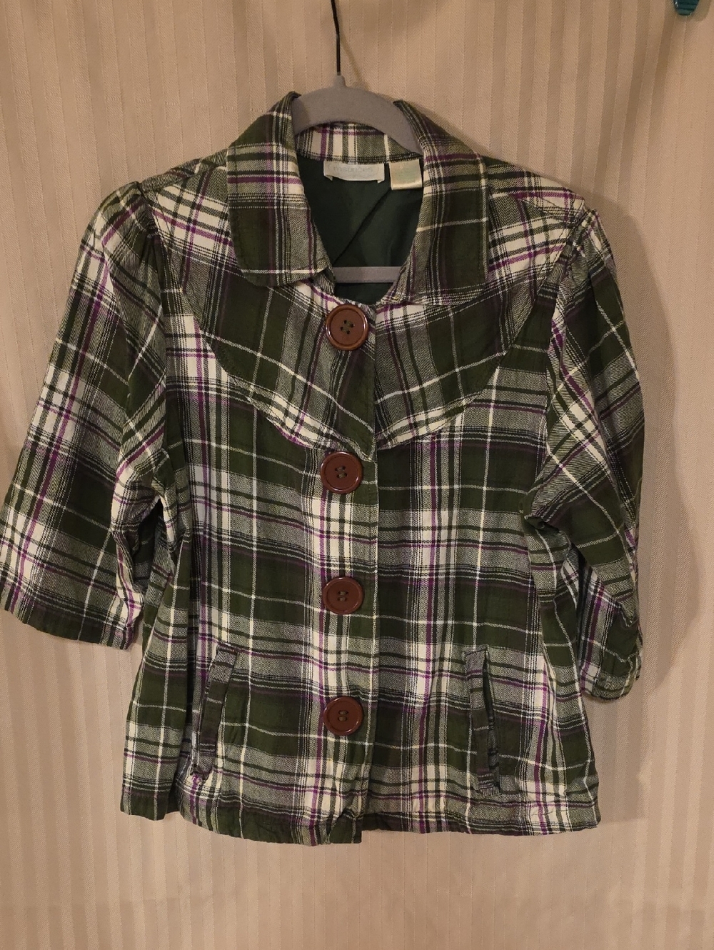 Maurices Green Plaid Button-Front Jacket with Purple Accents